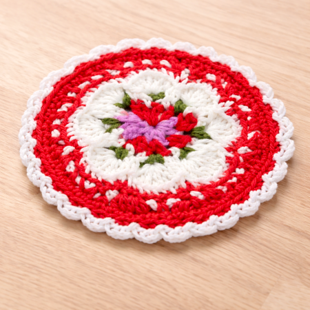 Red Floral Crochet Cotton Yarn Handcrafted Doily